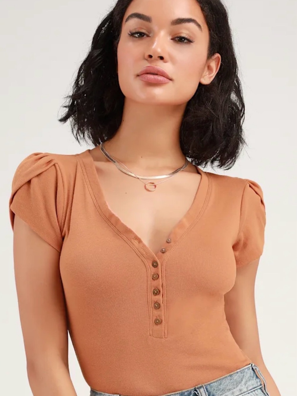 Free People Camel Button-Front Puff Sleeve Tee